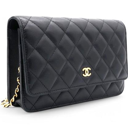 Lambskin Quilted Wallet On Chain WOC Black Microchip