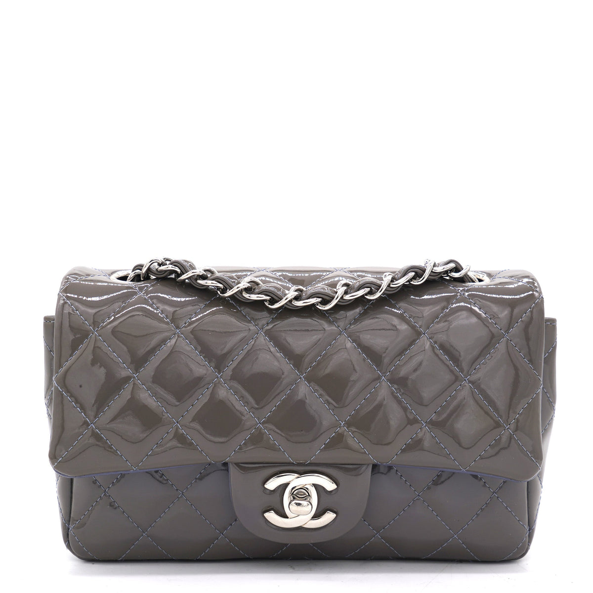 Grey Classic Patent Leather Rectangular Mini Flap Bag