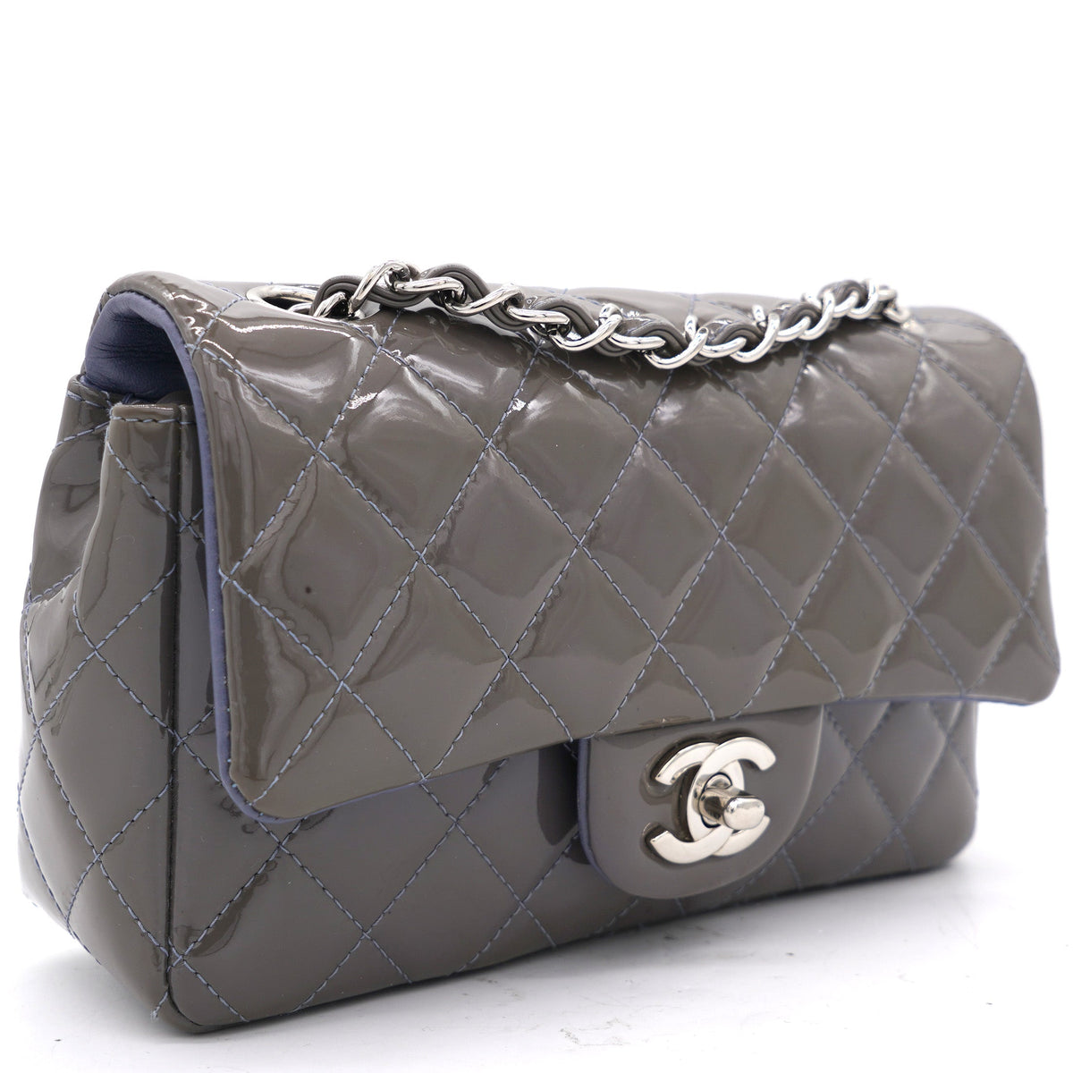 Grey Classic Patent Leather Rectangular Mini Flap Bag