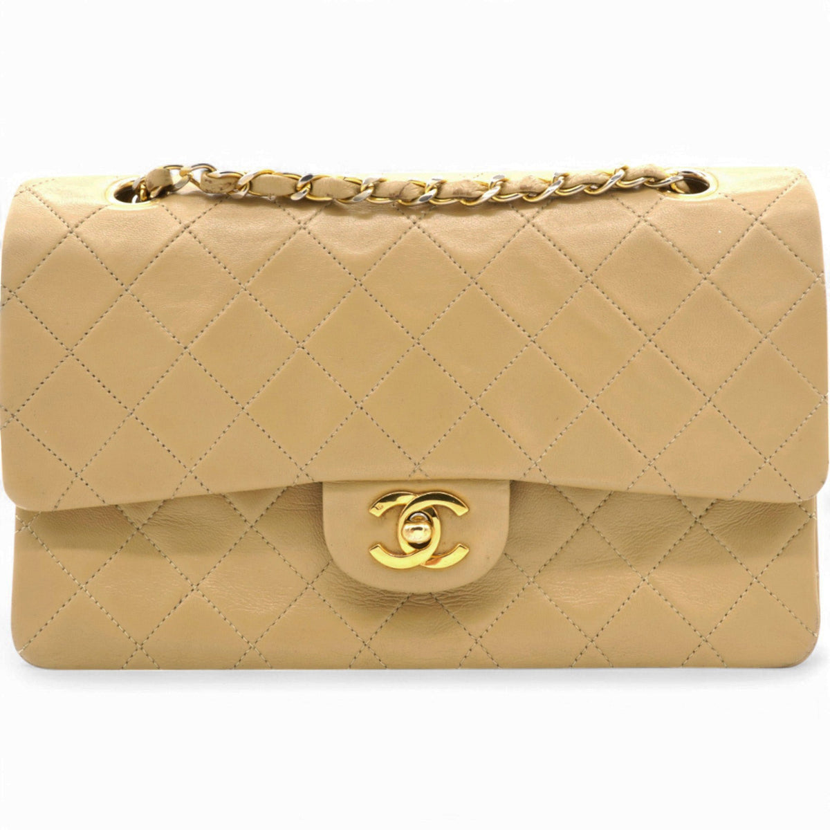 Lambskin Quilted Medium Double Flap Beige