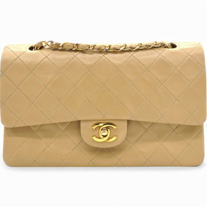 Lambskin Quilted Medium Double Flap Beige