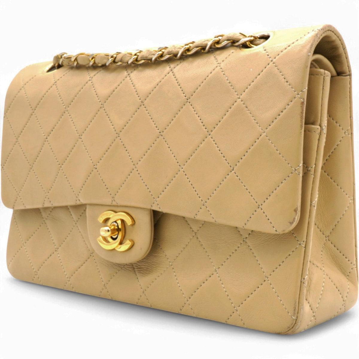 Lambskin Quilted Medium Double Flap Beige