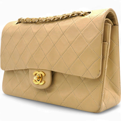 Lambskin Quilted Medium Double Flap Beige