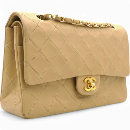 Lambskin Quilted Medium Double Flap Beige