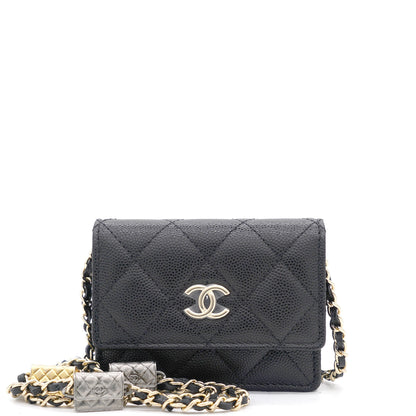 Black Quilted Caviar Leather Flap  Holder with Charm Chain