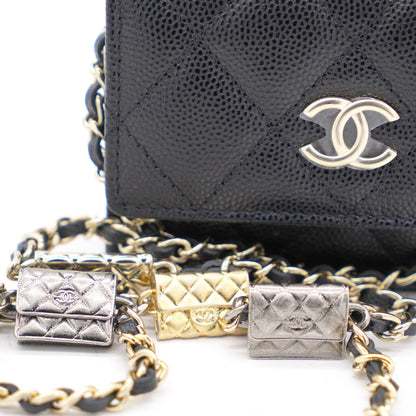 Black Quilted Caviar Leather Flap  Holder with Charm Chain