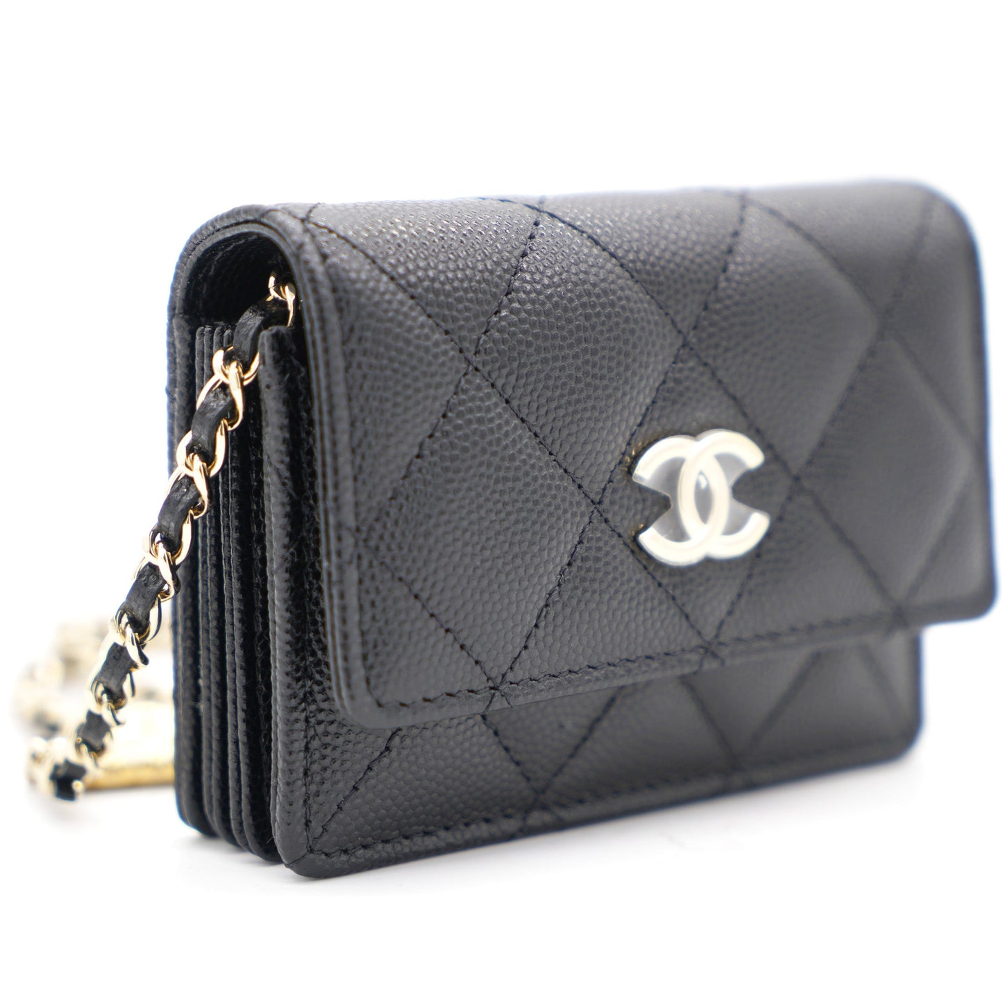 Black Quilted Caviar Leather Flap  Holder with Charm Chain