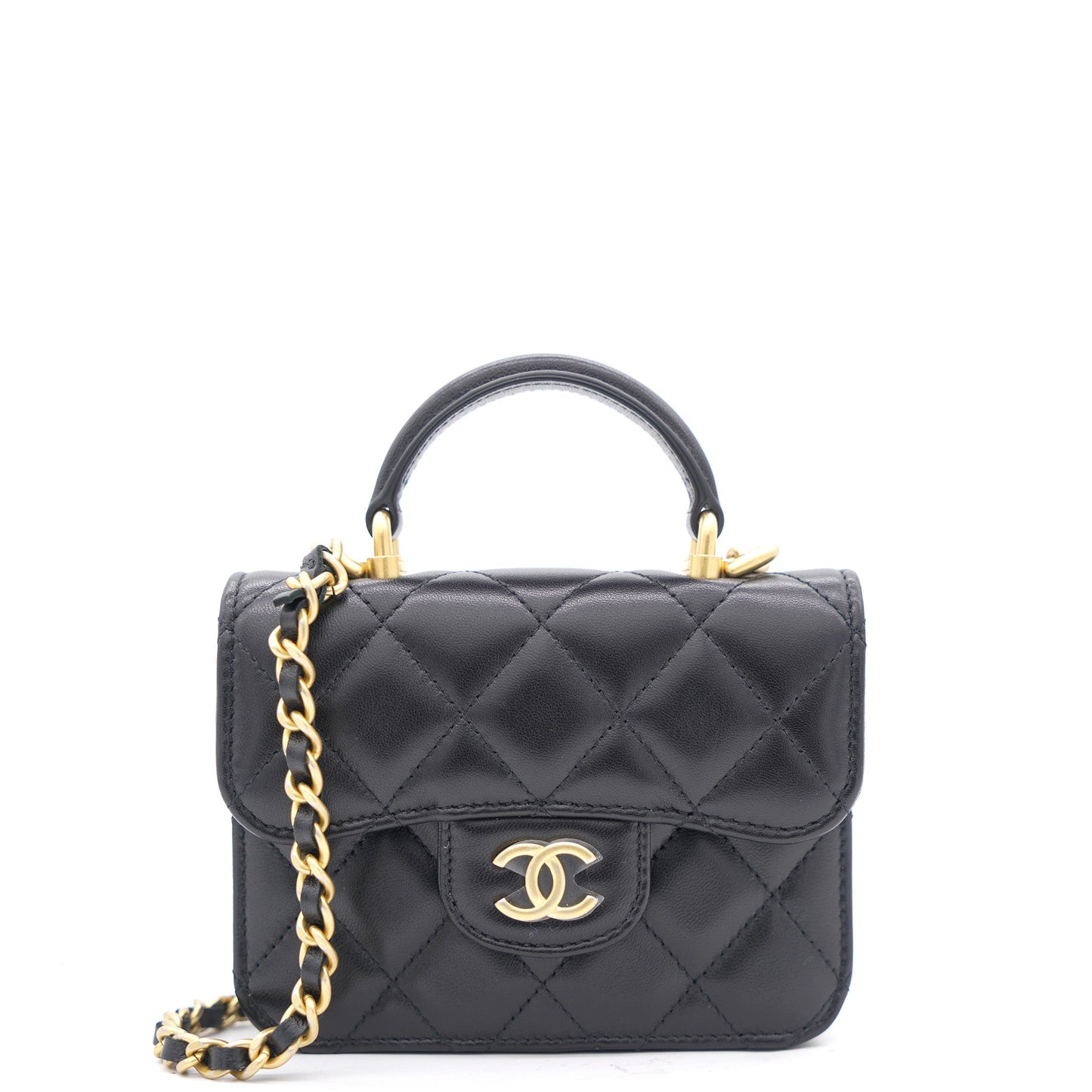 Black Quilted Leather Nano Top Handle Square Classic Flap Bag