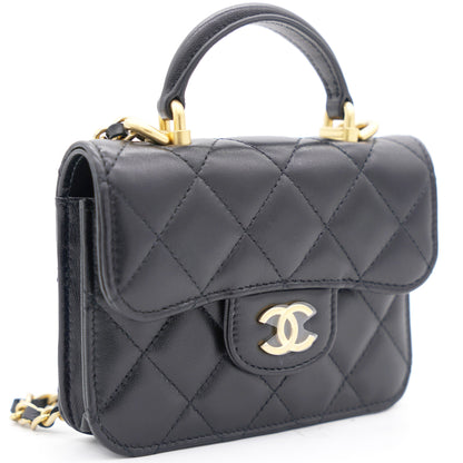Black Quilted Leather Nano Top Handle Square Classic Flap Bag
