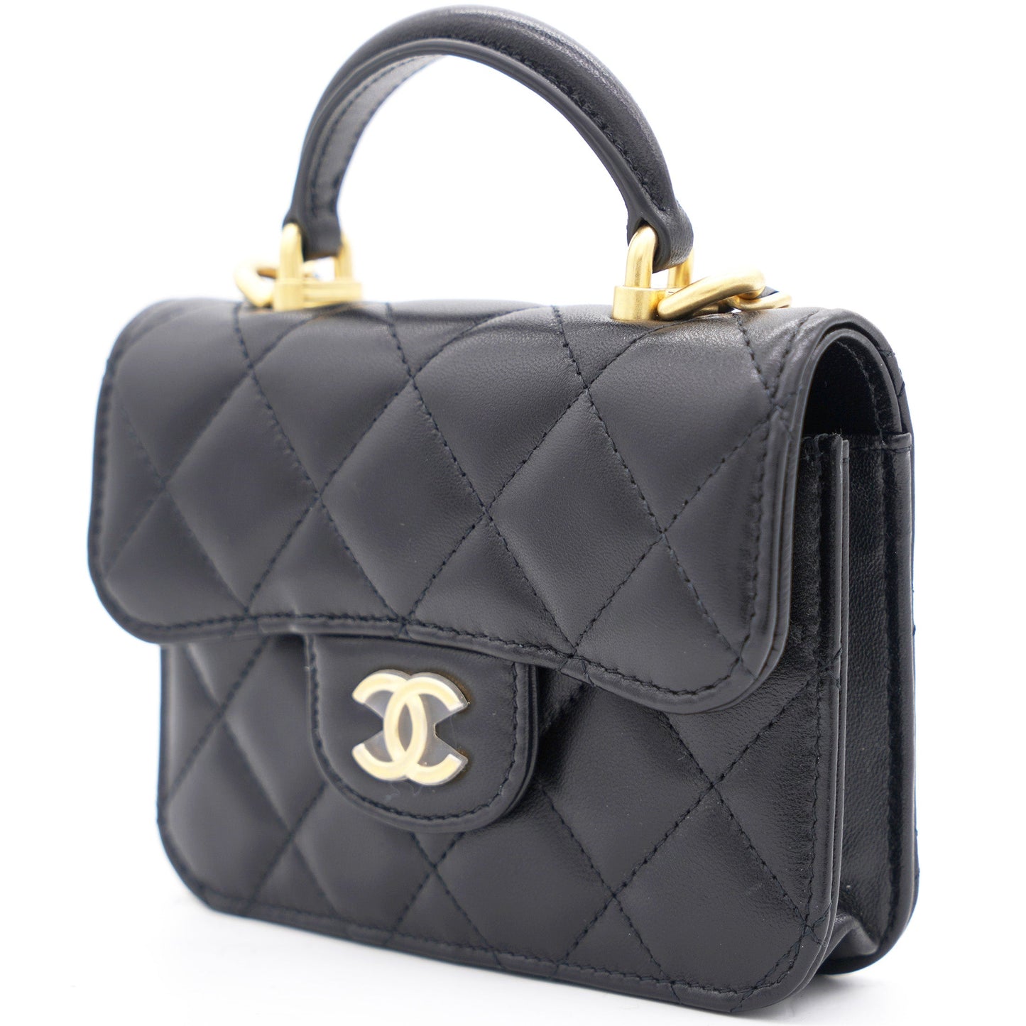Black Quilted Leather Nano Top Handle Square Classic Flap Bag