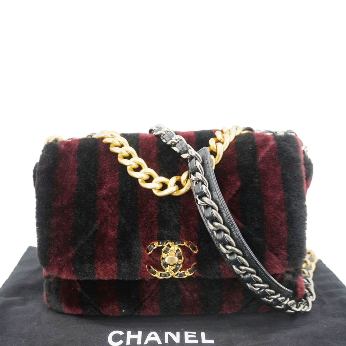 Chanel 19 Flap Medium Striped Shearling Shoulder Bag Black