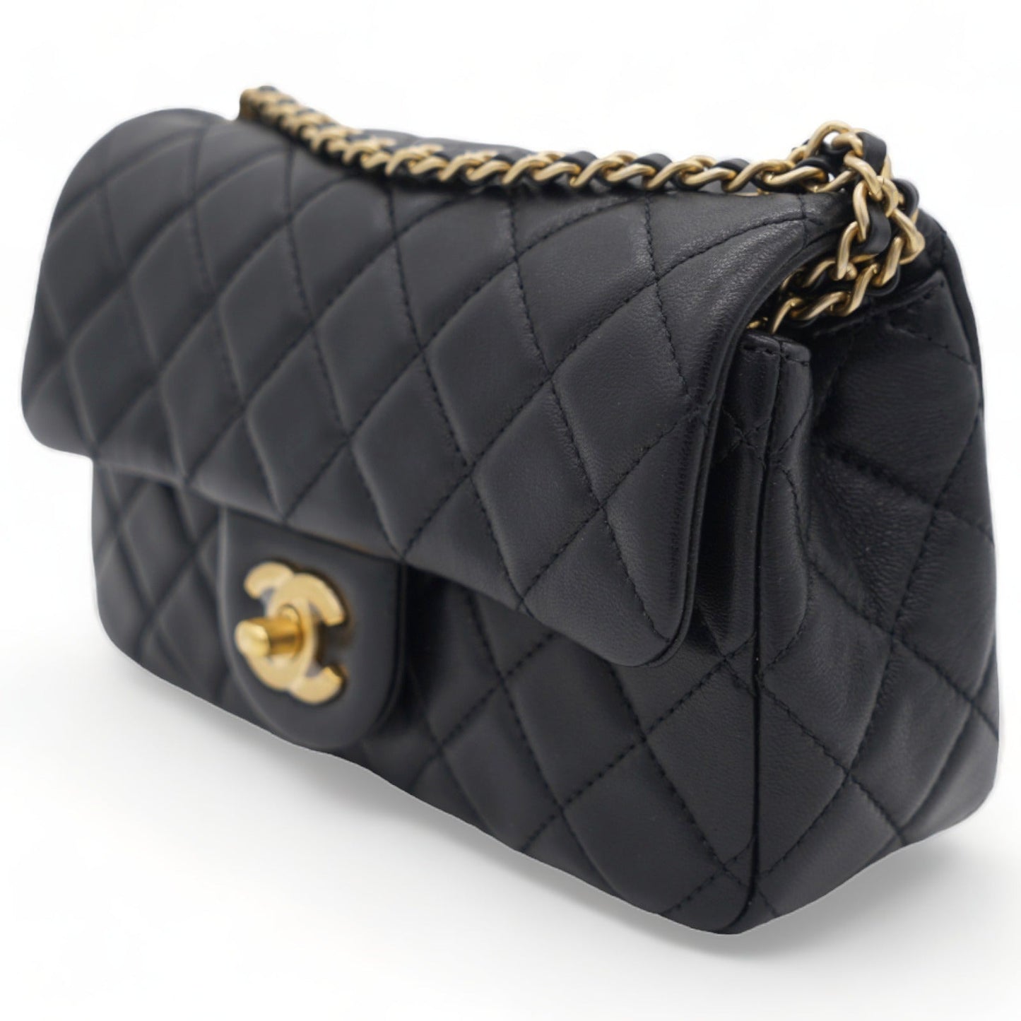 Lambskin Quilted Mini Pearl Crush Rectangular Flap Black