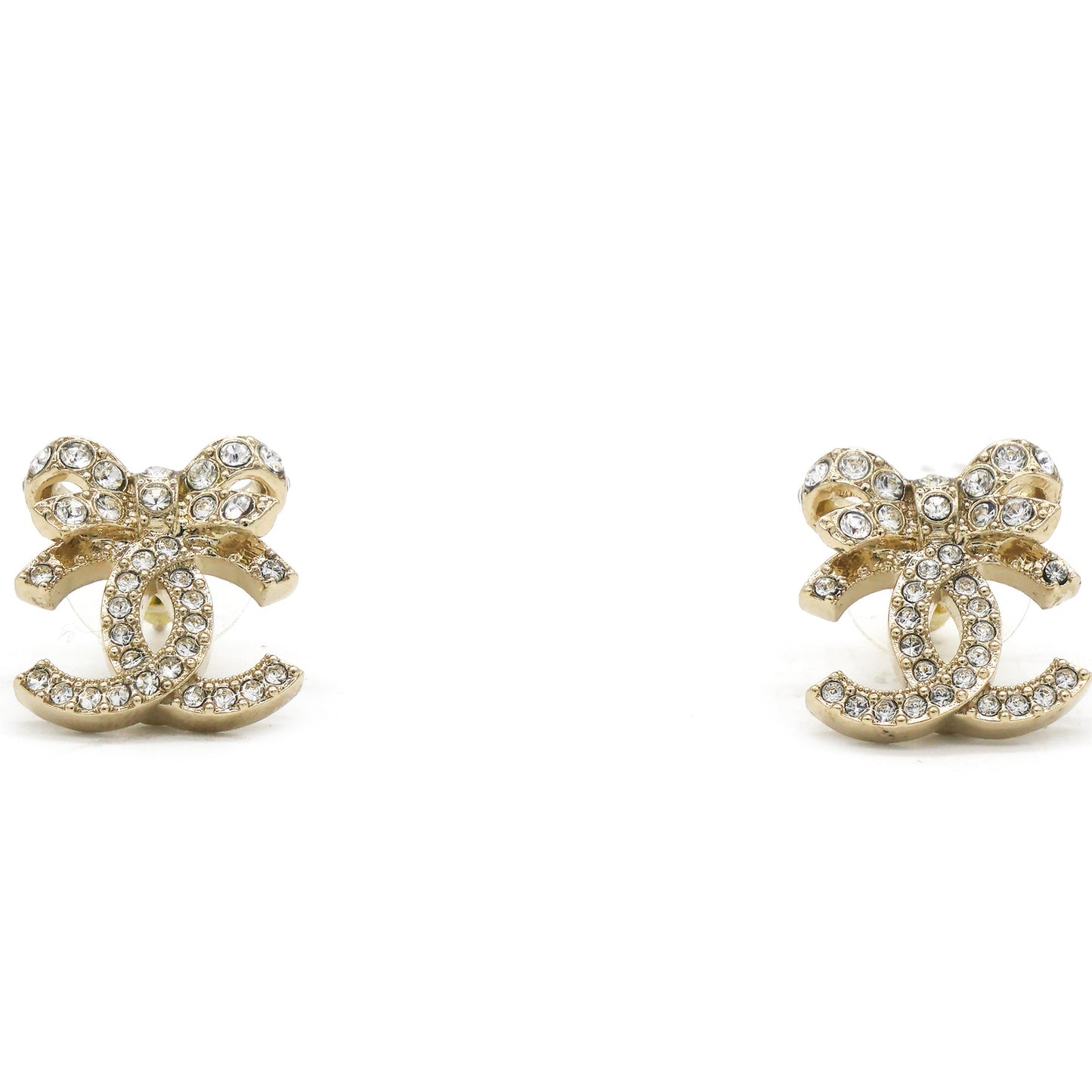 Crystal Ribbon Bow CC Earrings Gold Tone