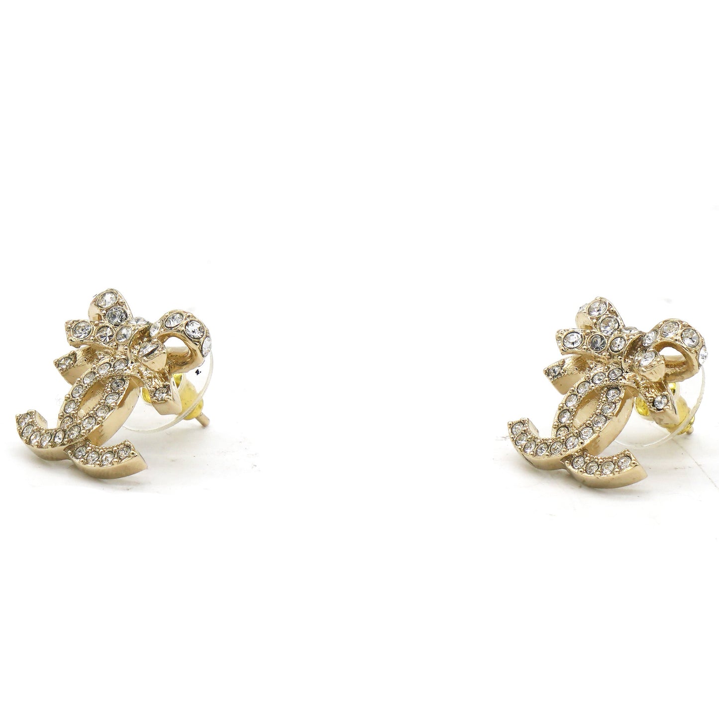 Crystal Ribbon Bow CC Earrings Gold Tone