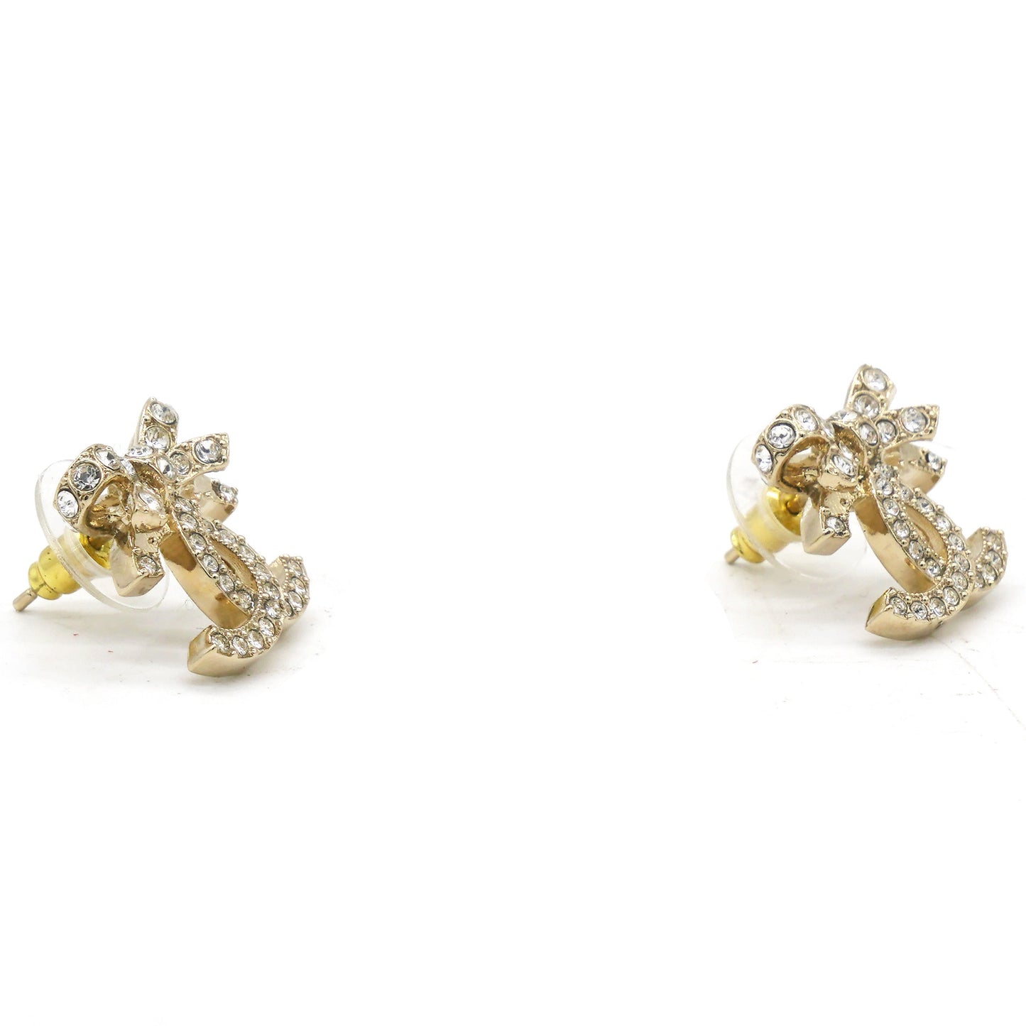 Crystal Ribbon Bow CC Earrings Gold Tone
