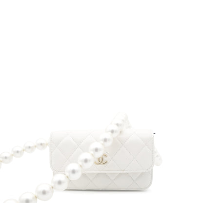 Calfskin Quilted Pearl Mini Wallet On Chain WOC White