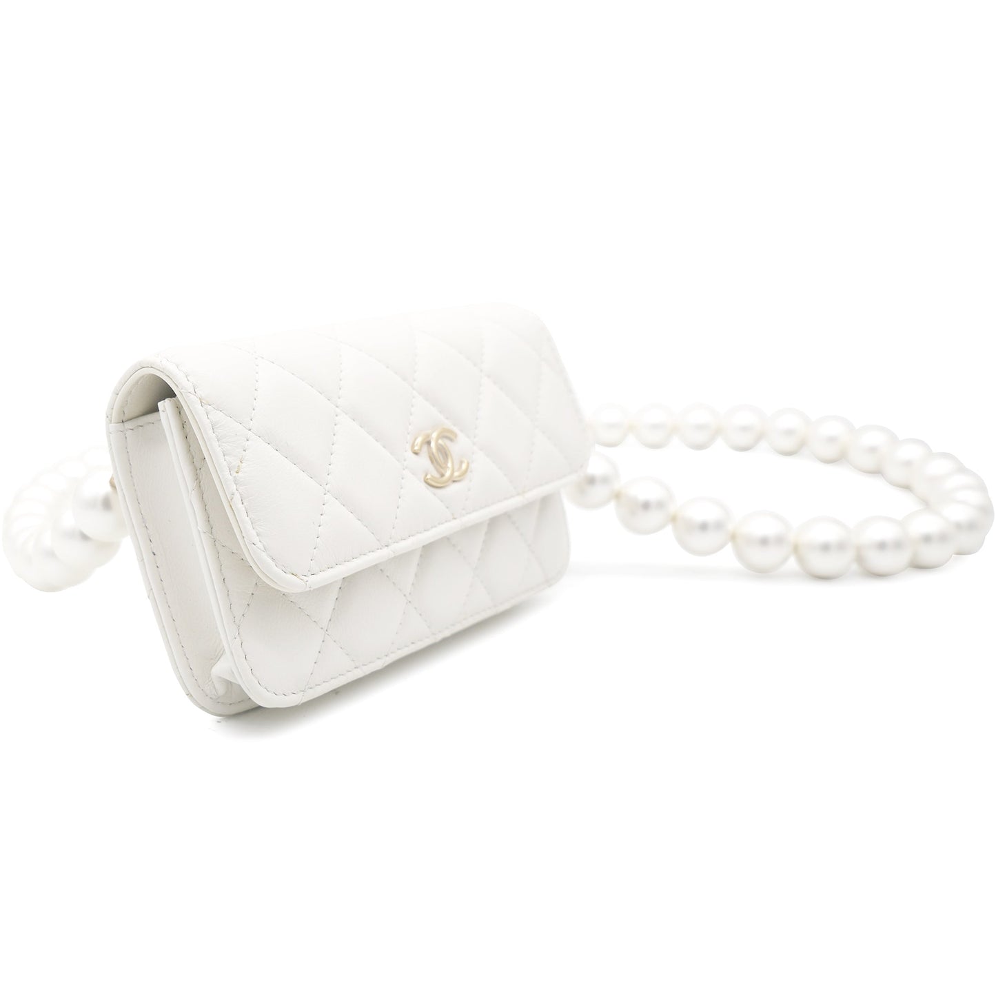Calfskin Quilted Pearl Mini Wallet On Chain WOC White