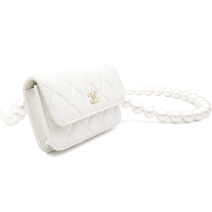 Calfskin Quilted Pearl Mini Wallet On Chain WOC White