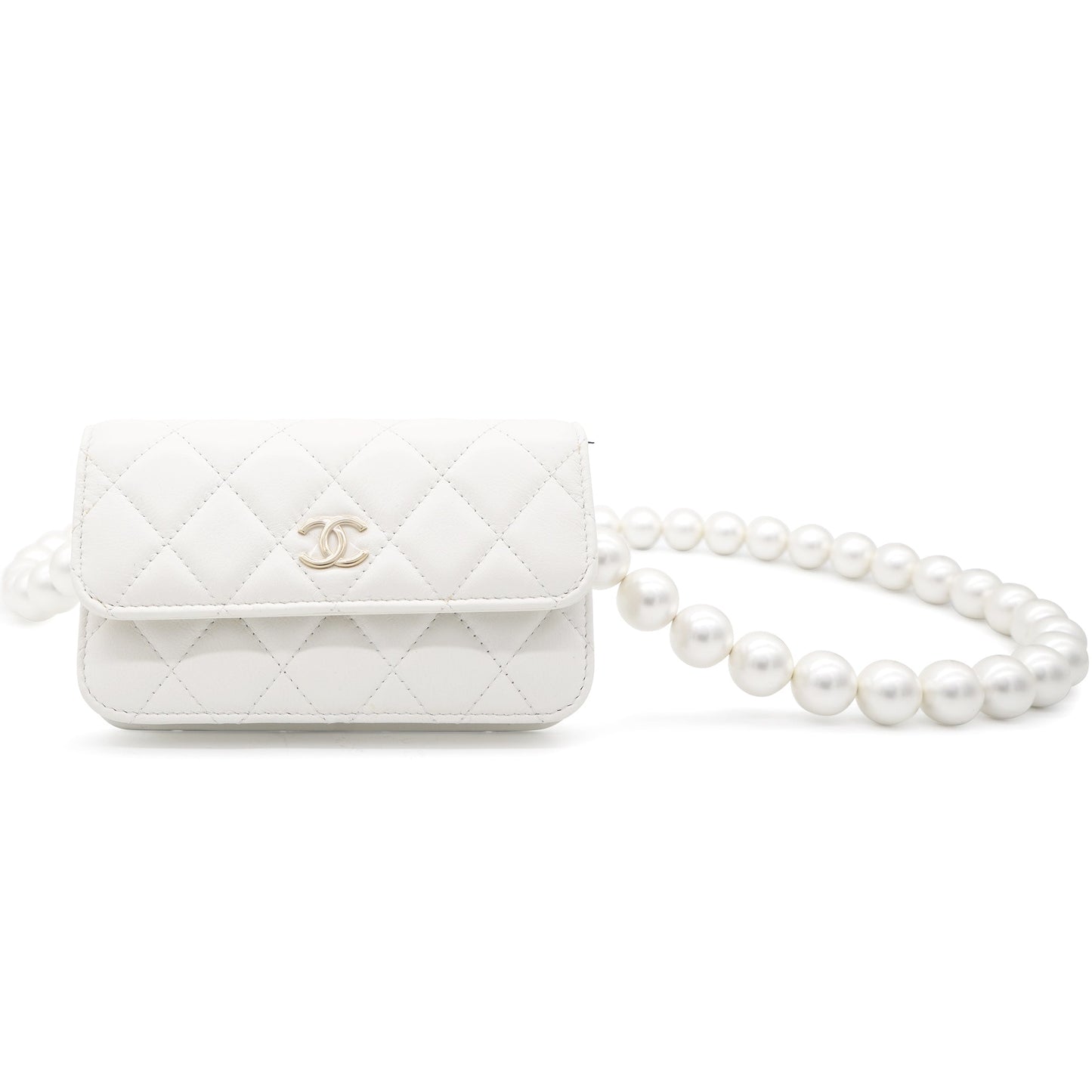 Calfskin Quilted Pearl Mini Wallet On Chain WOC White