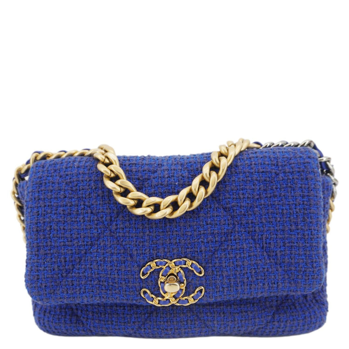 Chanel 19 Flap Quilted Tweed Shoulder Bag Blue