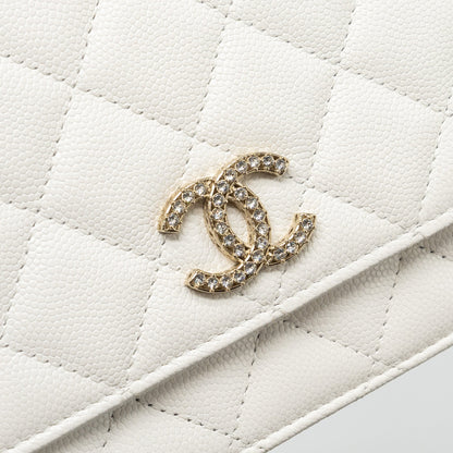 Chanel Detail Crystal CC Logo Wallet On Chain Caviar White LGHW(Microchip)