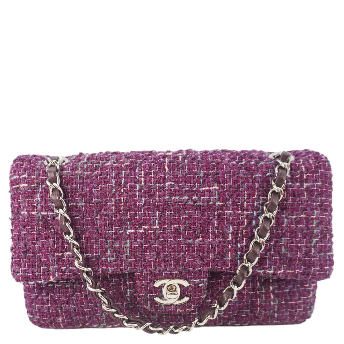Chanel Classic Double Flap Tweed Medium Shoulder Bag Purple