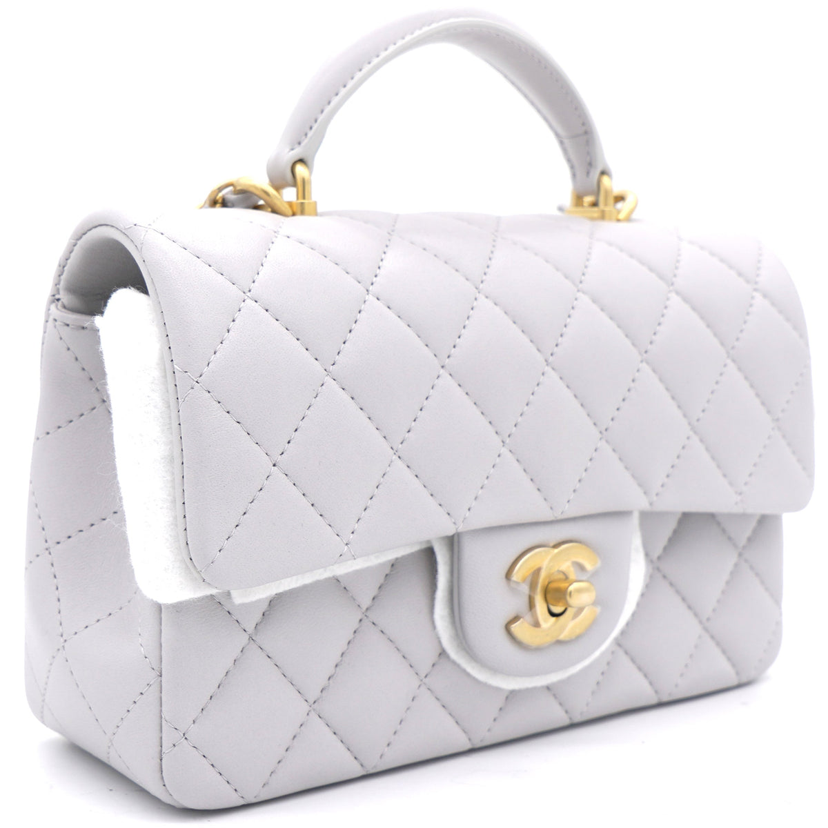 Lambskin Quilted Mini Top Handle Rectangular Flap Grey