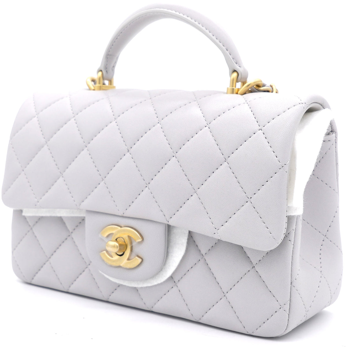Lambskin Quilted Mini Top Handle Rectangular Flap Grey