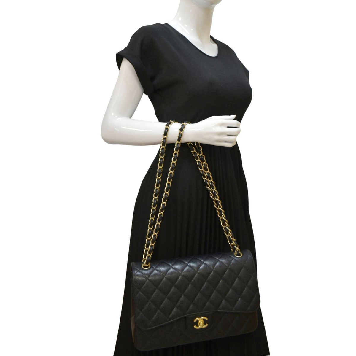 Chanel Classic Jumbo Double Flap Quilted Caviar Leather Crossbody Bag Black