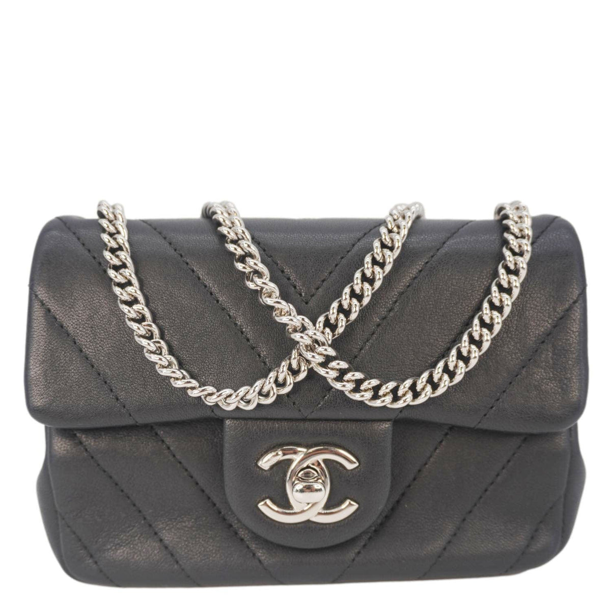 Chanel Mini Flap Quilted Chevron Leather Crossbody Bag Black