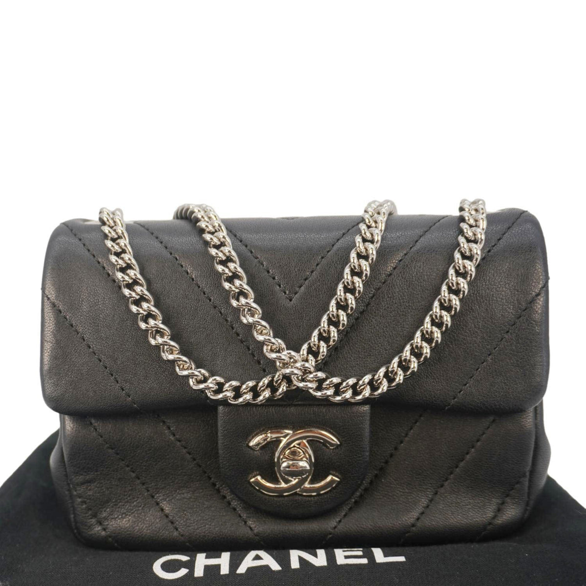 Chanel Mini Flap Quilted Chevron Leather Crossbody Bag Black