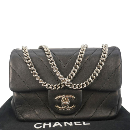 Chanel Mini Flap Quilted Chevron Leather Crossbody Bag Black