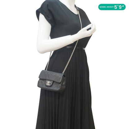 Chanel Mini Flap Quilted Chevron Leather Crossbody Bag Black