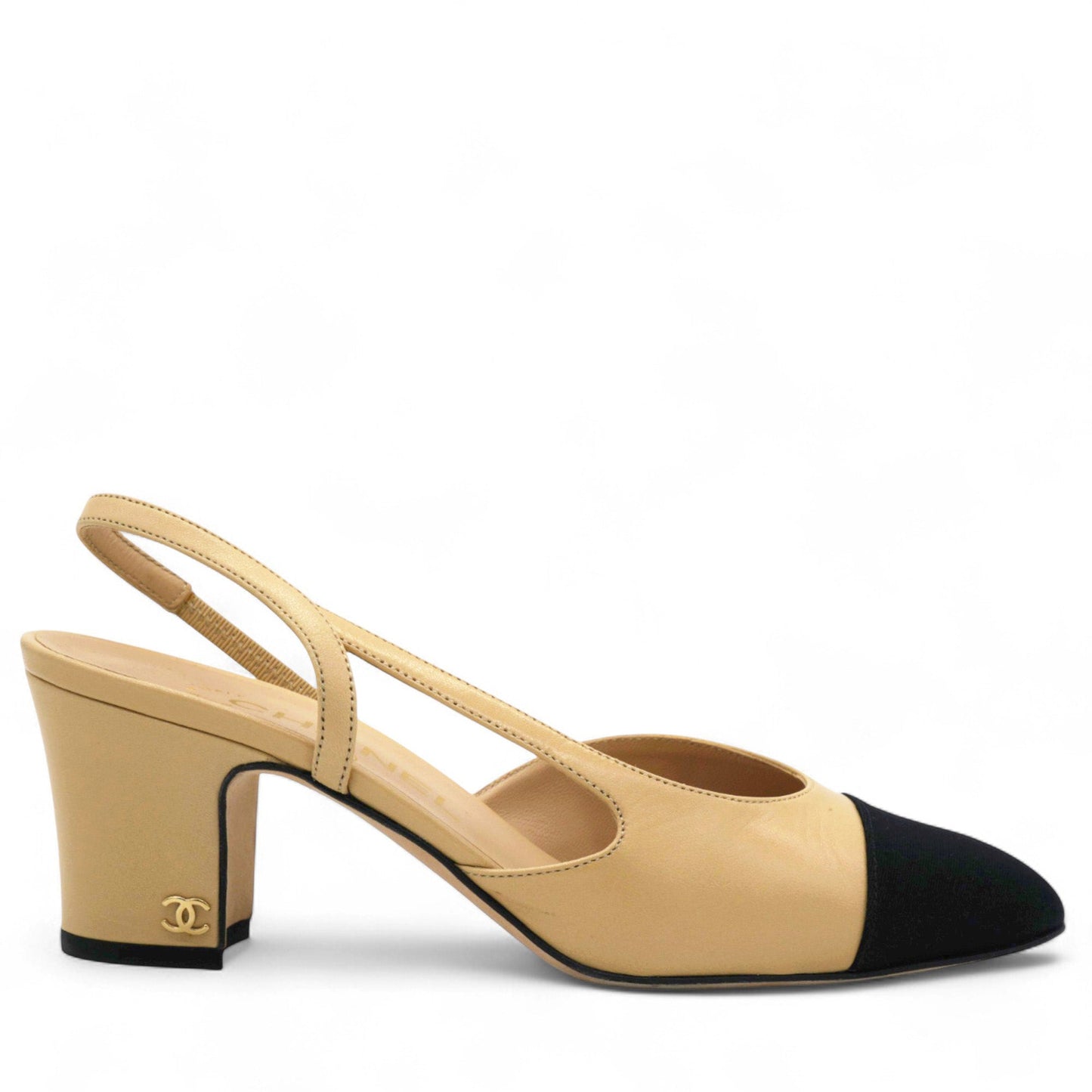 Goatskin Grosgrain Cap Toe CC Slingback Pumps Beige Black Size36