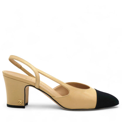 Goatskin Grosgrain Cap Toe CC Slingback Pumps Beige Black Size36
