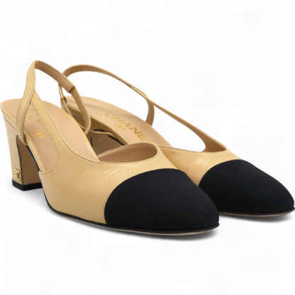 Goatskin Grosgrain Cap Toe CC Slingback Pumps Beige Black Size36