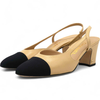 Goatskin Grosgrain Cap Toe CC Slingback Pumps Beige Black Size36