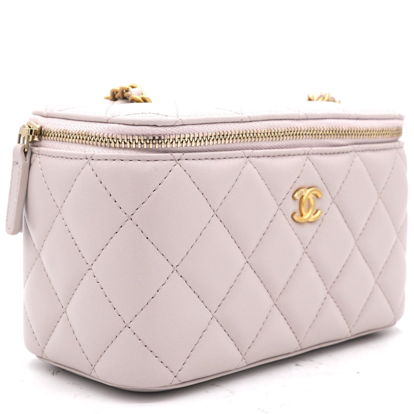 Lambskin Quilted Pearl Crush Small Vanity Case With Chain Lilac