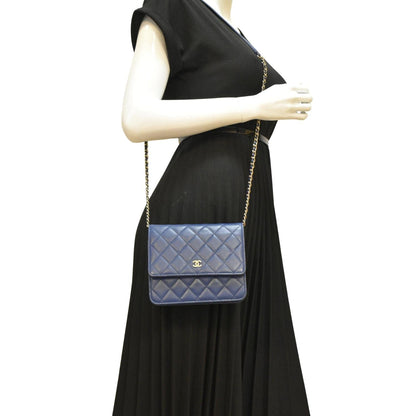 Chanel Square Wallet On Chain Quilted Leather Crossbody Bag Blue