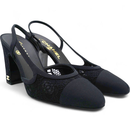 Lace Grosgrain Cap Toe CC Slingback Pumps Size37.5