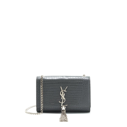 Saint Laurent Kate Tassel Croc Embossed Calfskin Grey SHW