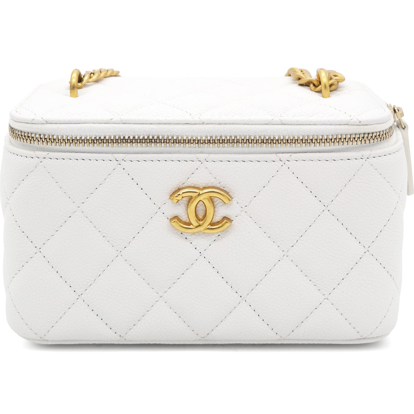 Caviar Quilted Heart Charm Small Vanity Case With Chain White