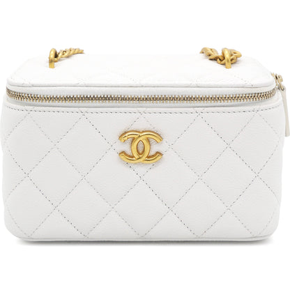 Caviar Quilted Heart Charm Small Vanity Case With Chain White