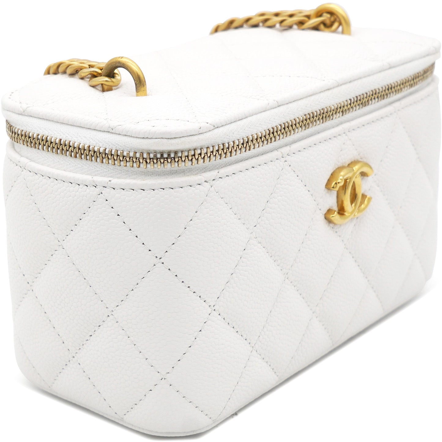 Caviar Quilted Heart Charm Small Vanity Case With Chain White