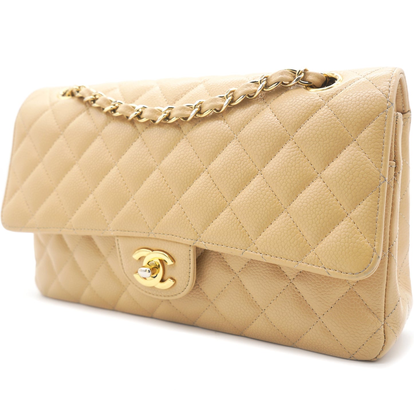 Beige Quilted Caviar Leather Classic Double Flap Bag
