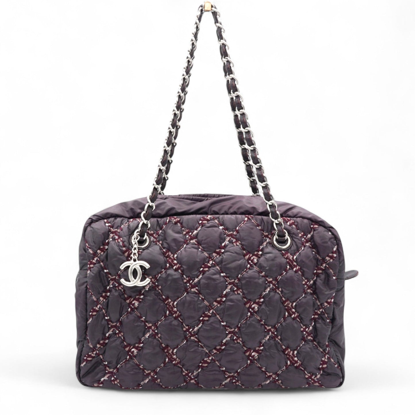 Nylon Quilted Tweed Stitch Bubble Camera Case Purple