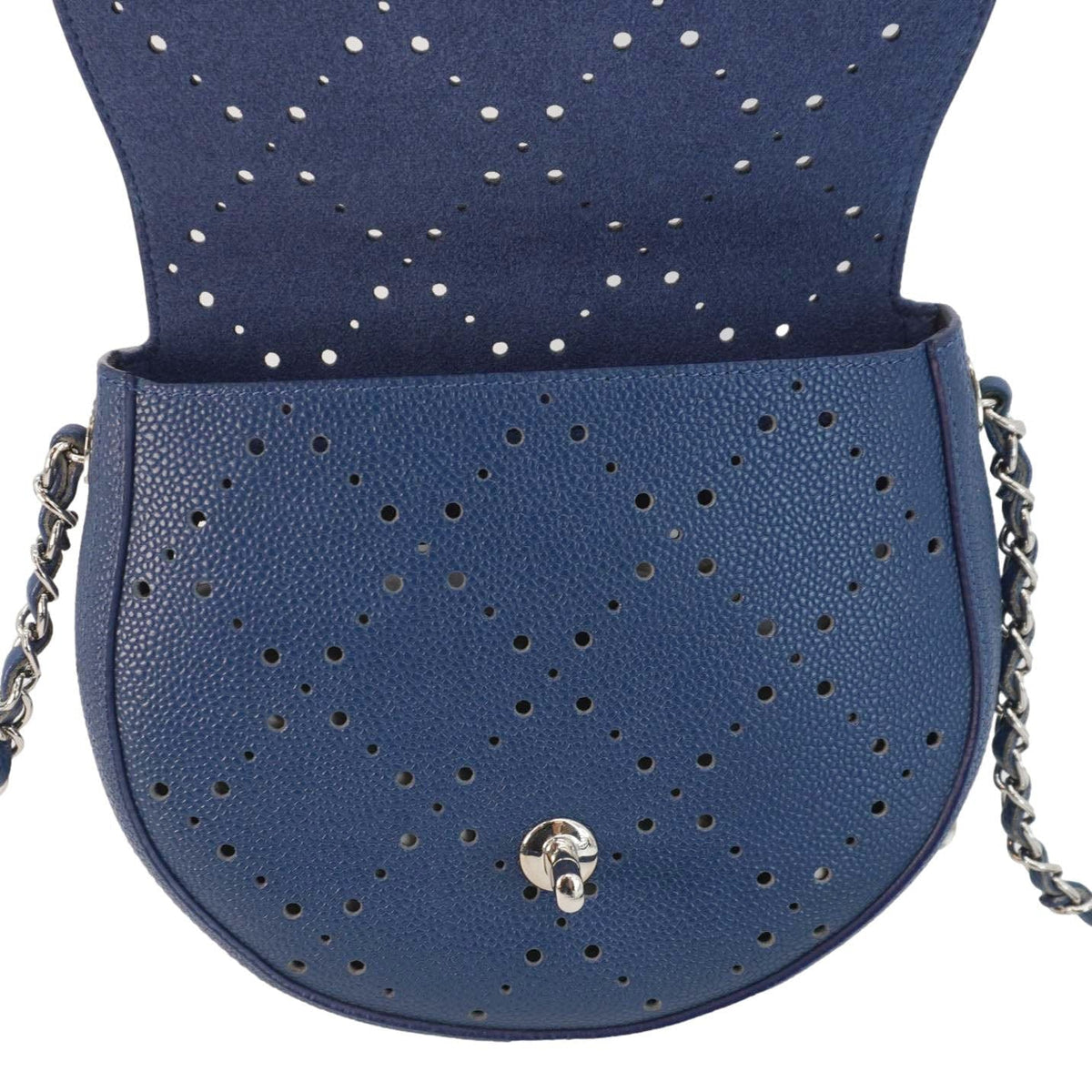 Chanel Perforated Caviar Leather Messenger Bag Navy Blue