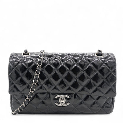Distressed Patent Quilted Double Flap Black