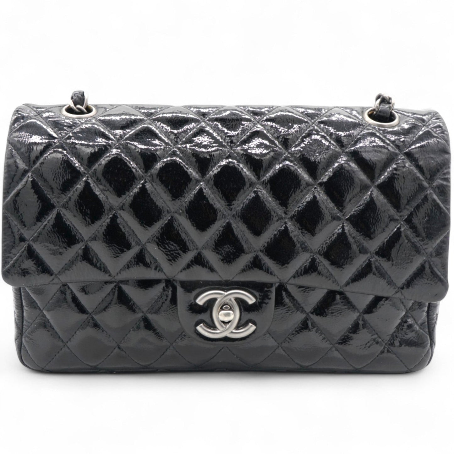 Distressed Patent Quilted Double Flap Black