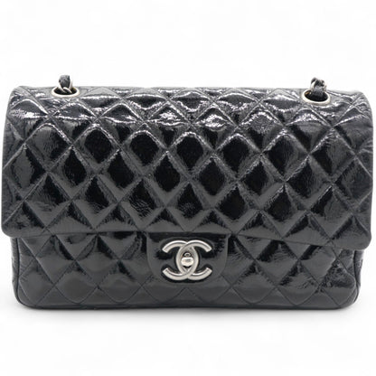 Distressed Patent Quilted Double Flap Black